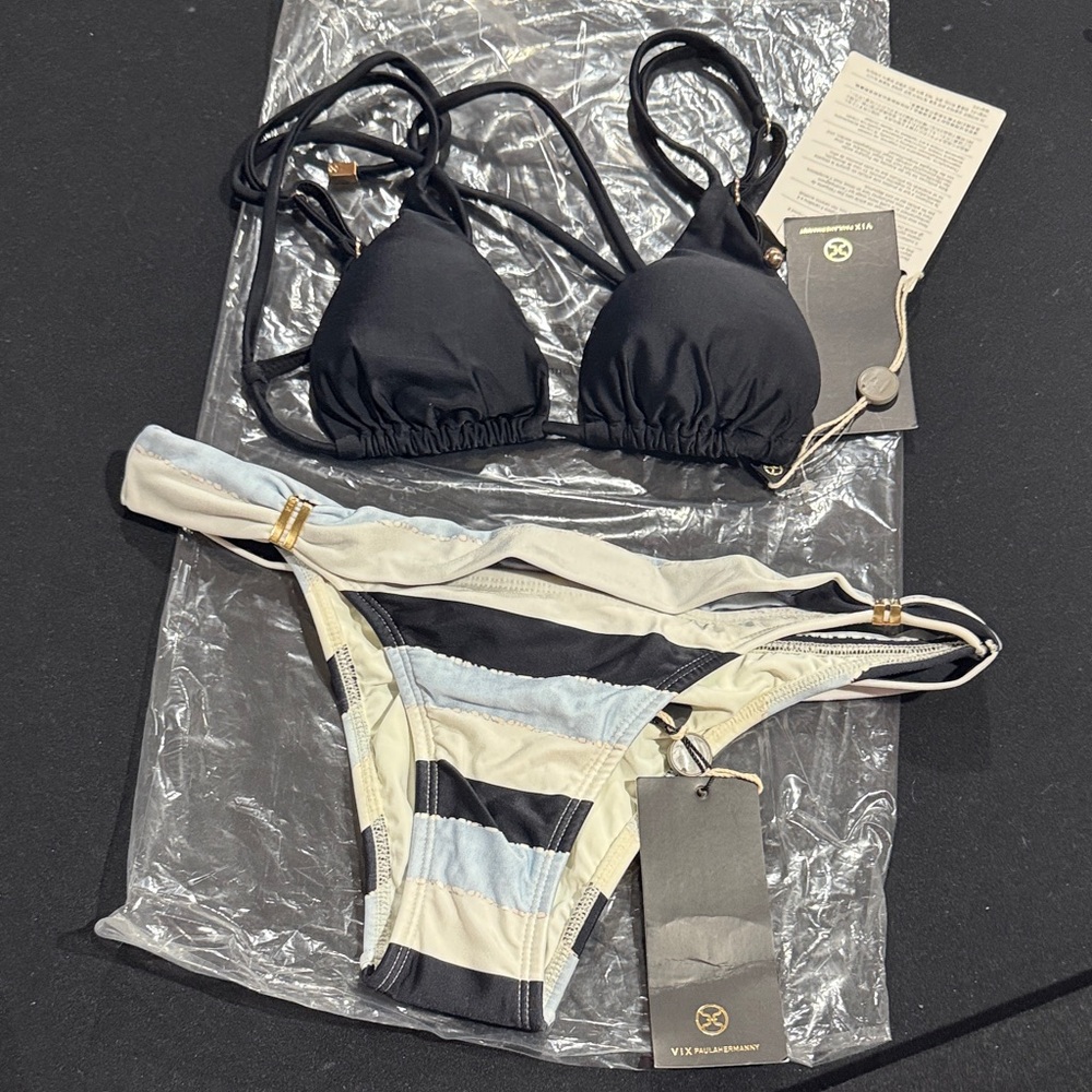 Vix Black and Blue Striped Bikini Full Set